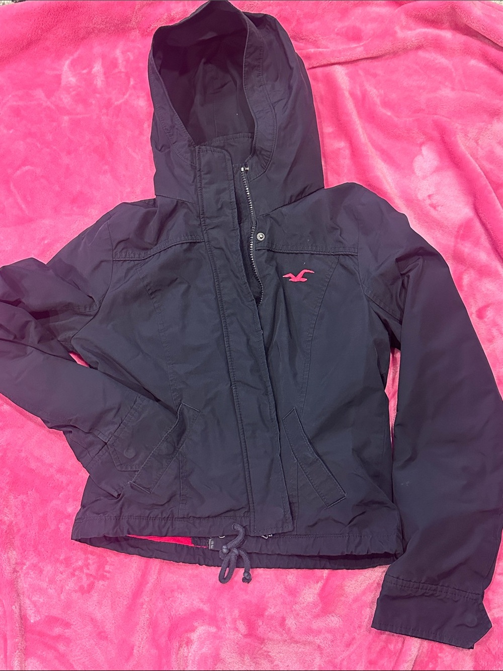 Hollister Black Hooded Rain Jacket with Pink Logo Accent